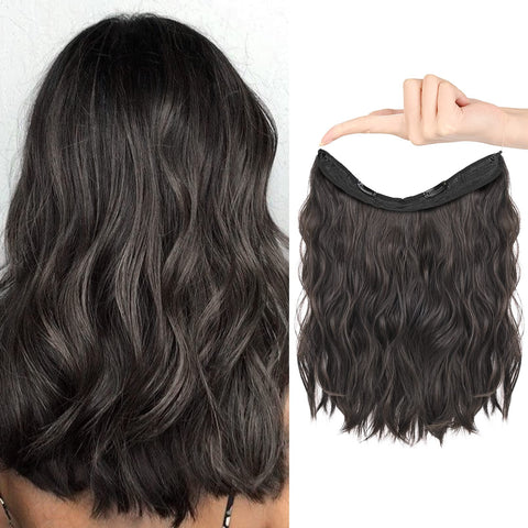 HOOJIH Invisible Wire Hair Extensions 2 Ways Adjustable Headband Size Curly Wavy Invisible Short Wire Hairpiece 12 Inch 90 Gram for Women -Black Brown