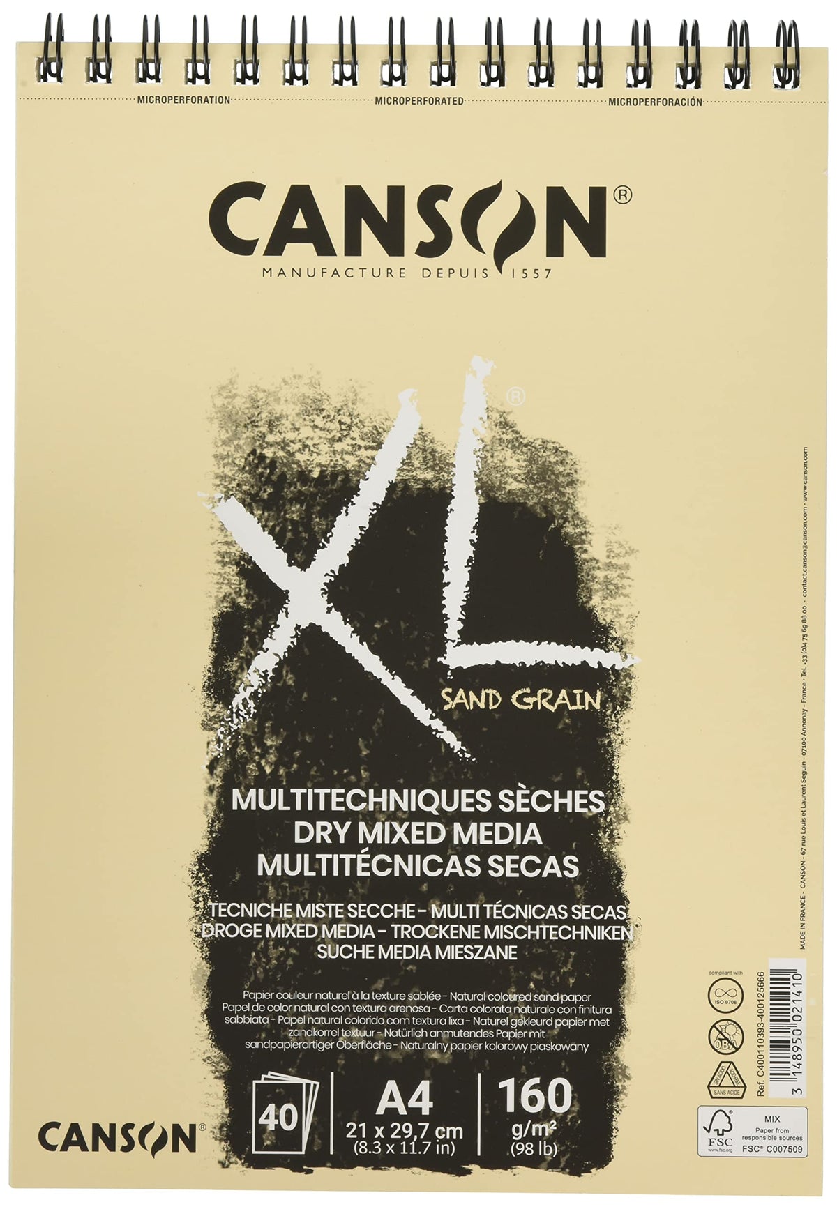 CANSON XL Sand Grain Dry Mixed Media 160gsm Natural-Coloured Paper A4 Landscape Drawing Pad with Sandpaper-Like Finish, Spiral-bound with 40 Sheets, Ideal for Professional Artists & Students