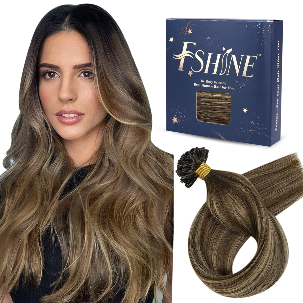 Fshine Nail Tip Hair Extensions Ombre 16 Inch K Tip Human Hair Extensions Brown Fading to Caramel Blonde and Dark Brown Balayage Remy Keratin Bondings Extensions 50g/50s