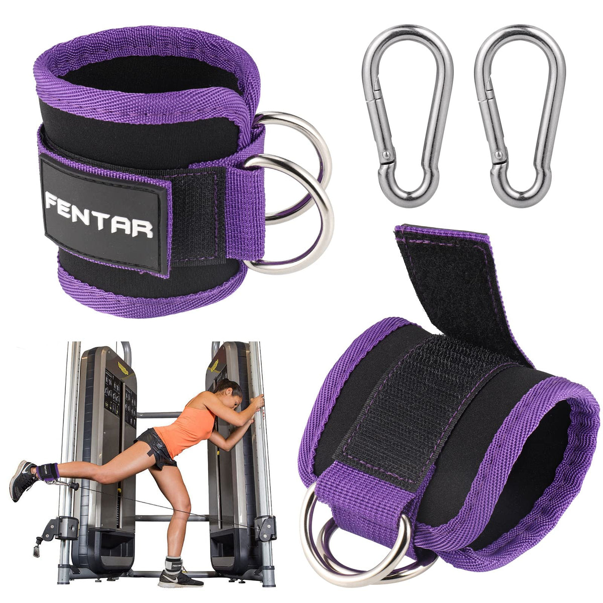 Fentar 2Pcs Adjustable Ankle Straps for Cable Machine, Comfortable Gym Ankle Strap, Double D-Ring Ankle Cuff Gym Straps, Fitness Leg Velcro Straps Exercise Attachment for Ankle Cuff (Purple)