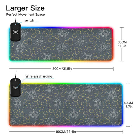 Honeycomb Bee Wireless Charging Mouse Pad for Mobile Phone Extra Large Gaming Mousepad with 13 Lighting Modes Extended Desk Mat for Office Home Gaming MacBook PC Laptop Desk