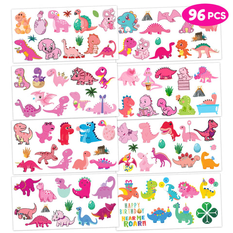 Generic Pink Dinosaur Temporary Tattoos Birthday Party Supplies Favors Decorations Super Cute 96PCS Fake Tattoos Stickers for Boys Girls School Classroom Rewards Gifts Ideal Halloween