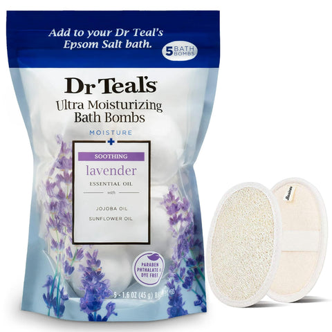 Dr.Teal's 5-Count Ultra Moisturizing Bubble Bath Bombs in Soothing Lavender with Essential Oils for Women and Men, Bonus 1 Basicos Exfoliating Loofah Pad