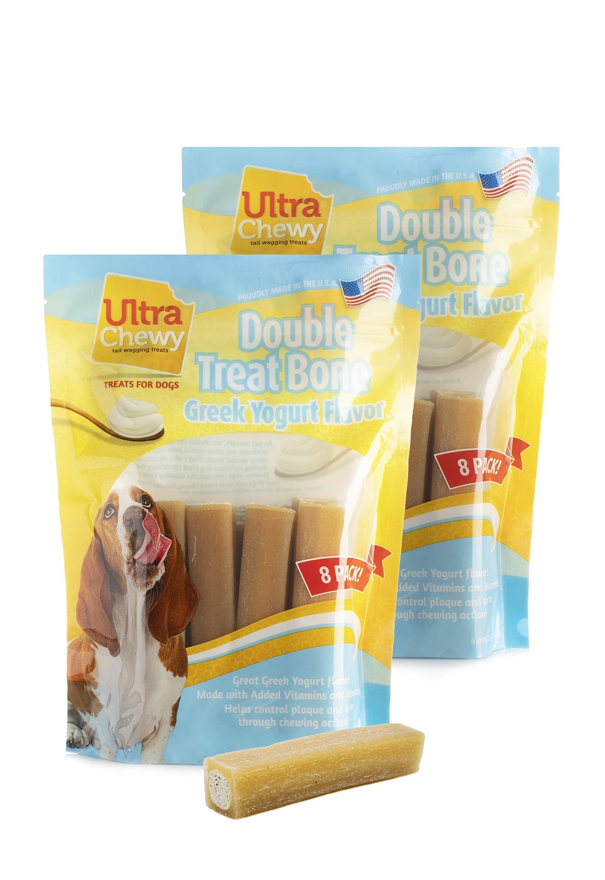 Ultra Chewy Double Treat Bones: Long-Lasting Dog Treats Made in USA for Large and Small Breeds, Highly Digestible, Ideal for Aggressive Chewers (Greek Yogurt, 2 Value Packs)