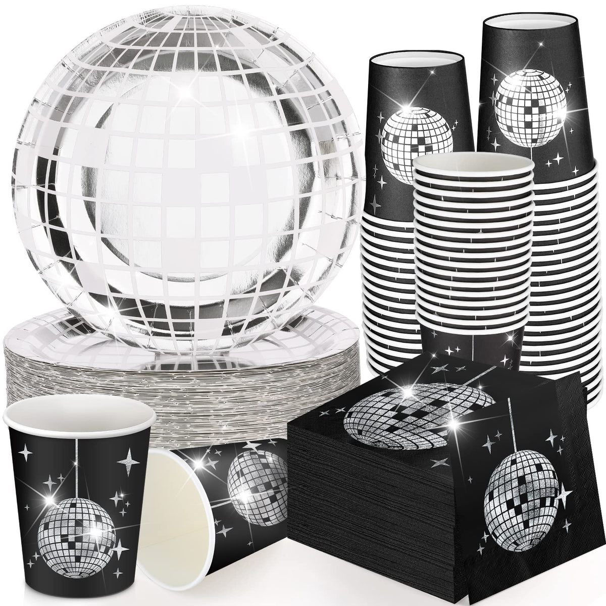 70s Disco Party Supplies Includes 50 Pcs Silver Disco Ball Paper Dinner Plates 50 Pcs Disco Paper Cups 50 Pcs Disco Party Cocktail Napkins for Disco Wedding Party Picnic Travel (Black and Silver)