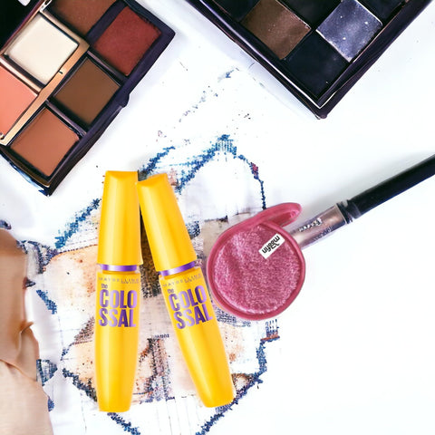 Mascara Waterproof, Volumizing & Lengthening, The Colossal Mascara, Glam Black - Bundle with Moofin Makeup Cleansing Cloth, Water-Resistant, Coconut Oil Enriched, Easy Wash [1-Pack]