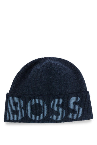 BOSS Mens Lamico Hat Knitted-logo beanie hat in cotton and wool