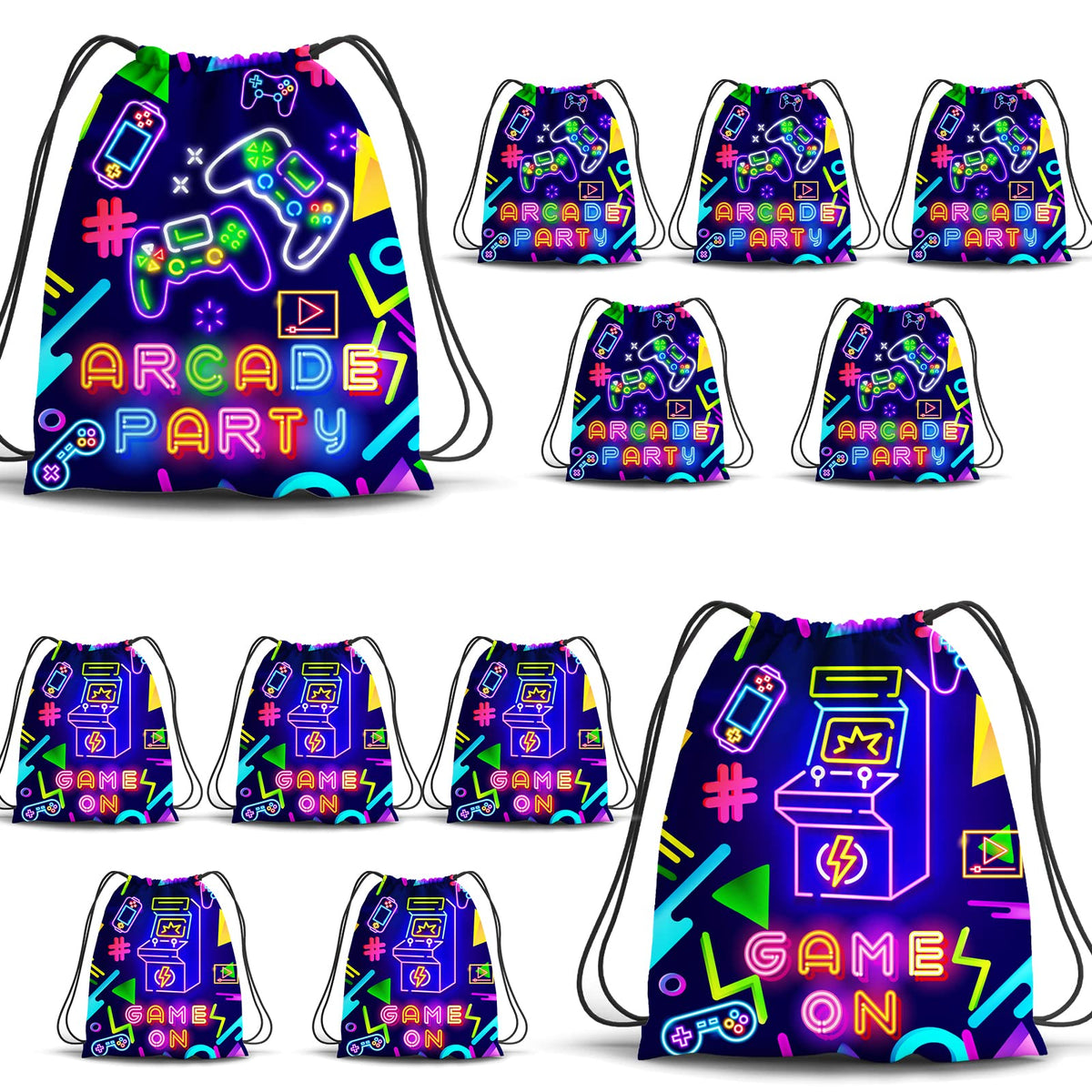 EYNDYN 12PCS Neon Video Game Party Drawstring Bags 12 X 10 Inch Game on Theme Gifts Bags for Boys Arcade Party Backpack Video Game Party Supplies, 2 Styles
