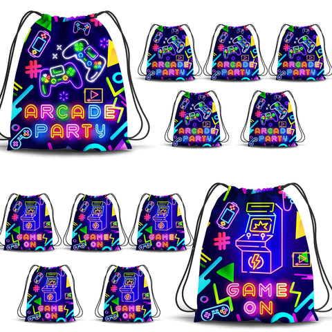 EYNDYN 12PCS Neon Video Game Party Drawstring Bags 12 X 10 Inch Game on Theme Gifts Bags for Boys Arcade Party Backpack Video Game Party Supplies, 2 Styles