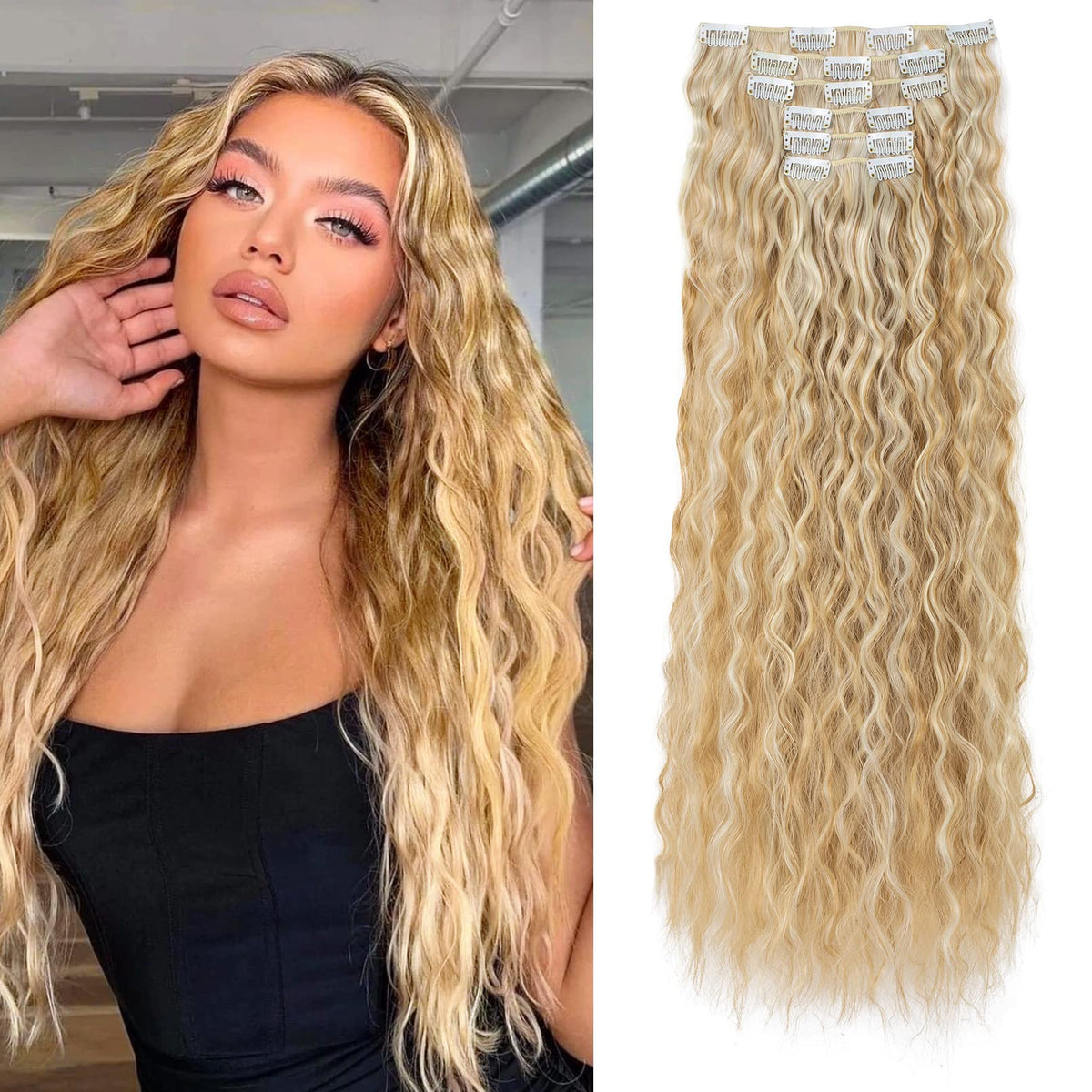 Flufymooz Clip In Hair Extensions,6PCS Hair Extensions Long Mermaid Waves Wavy Synthetic Clip On Hairpiece For Women 24 Inch (Blonde with Light Blonde)