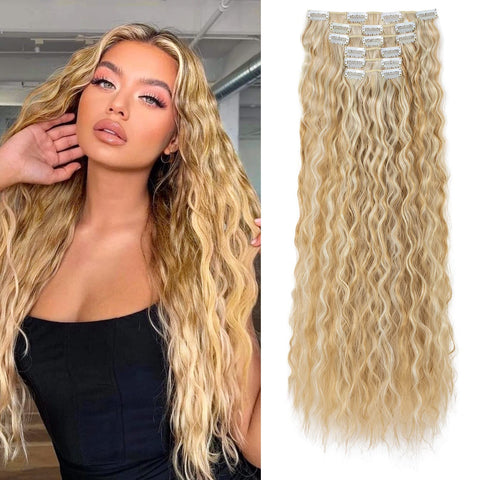 Flufymooz Clip In Hair Extensions,6PCS Hair Extensions Long Mermaid Waves Wavy Synthetic Clip On Hairpiece For Women 24 Inch (Blonde with Light Blonde)