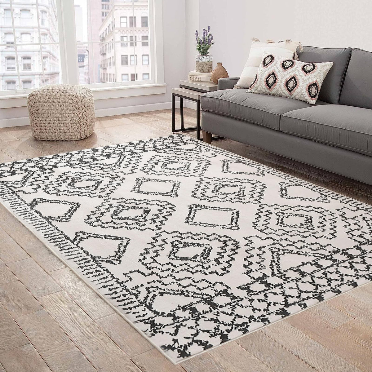 Leesentec Moroccan Area Rugs Living Room Rugs Modern Abstract Rug Geometric Carpet Non-slip Short Pile Rug Large Rugs for Living Room Soft Bedroom Area Rug (Ivory/Black, 160 * 200cm)