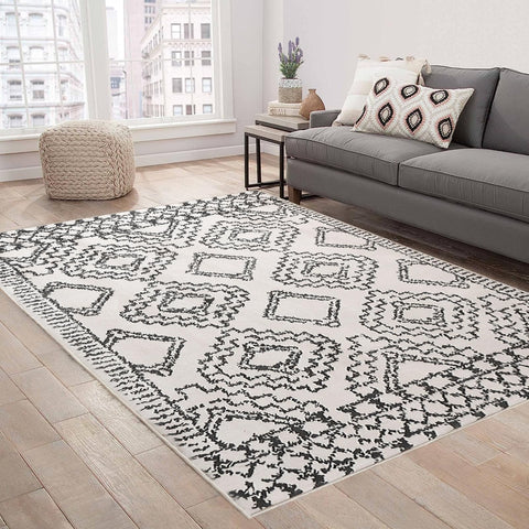 Leesentec Moroccan Area Rugs Living Room Rugs Modern Abstract Rug Geometric Carpet Non-slip Short Pile Rug Large Rugs for Living Room Soft Bedroom Area Rug (Ivory/Black, 160 * 200cm)
