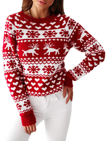 Achinel Women's Christmas Jumper Winter Kintwear Top Xmas Snowflake Long Sleeve Festive Knit Sweater M Red Snowflake Elk