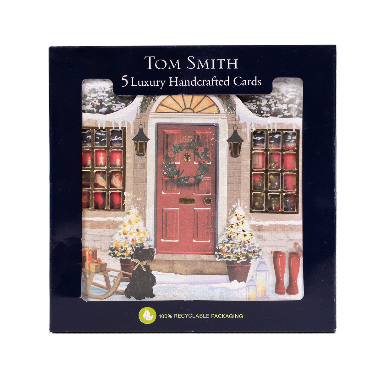 Tom Smith - Luxury Handmade Front Door - Christmas Cards Multipack Traditional Christmas Door Design - Christmas Card, Envelopes - Plastic Free Card Box With 5 Cards