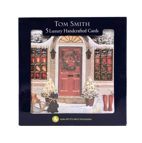 Tom Smith - Luxury Handmade Front Door - Christmas Cards Multipack Traditional Christmas Door Design - Christmas Card, Envelopes - Plastic Free Card Box With 5 Cards