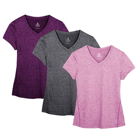 icyzone Women's Workout Running T-Shirt Yoga Fitness V-Neck Short-Sleeve Tops Sports Shirt, 3 Pack (S, Charcoal/Red Bud/Pink)