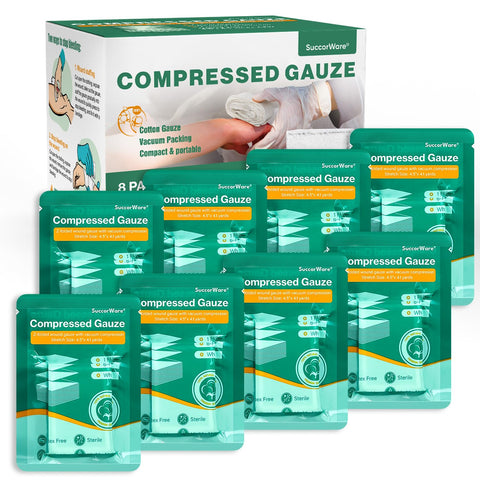 SuccorWare 8 Packs Sterile Compressed Gauze with Z-Folded - Wound Gauze for Bleed Stop, 4.5" x 4.1 Yards, 6-Ply - for First Aid Kit,Medical Trauma Kit, IFAK Supplies Refill
