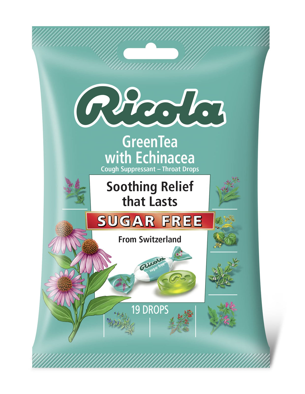 Ricola Sugar Free Green Tea with Echinacea Cough Suppressant Throat Drops, 19ct Bag