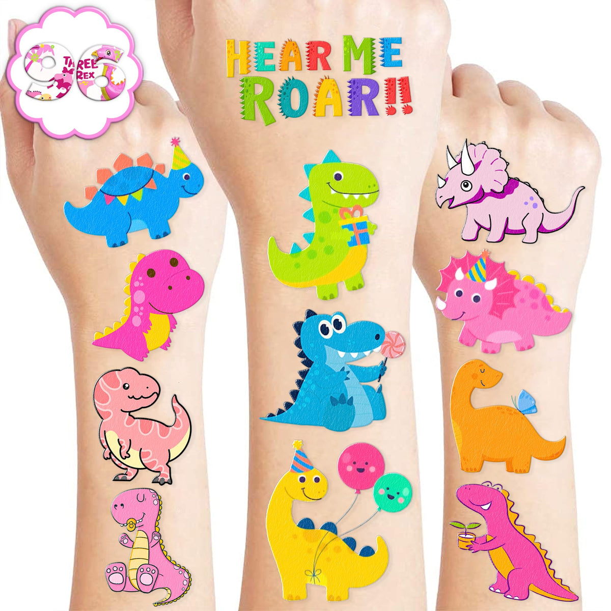 Generic Pink Dinosaur Temporary Tattoos Birthday Party Supplies Favors Decorations Super Cute 96PCS Fake Tattoos Stickers for Boys Girls School Classroom Rewards Gifts Ideal Halloween