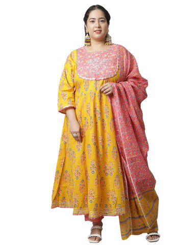 Rajnandini Women's Pure Cambric Cotton Embroidered Plus Size Kurta Set with Dupatta (JOPLVL244X-3XL_Yellow & Pink_3XL)