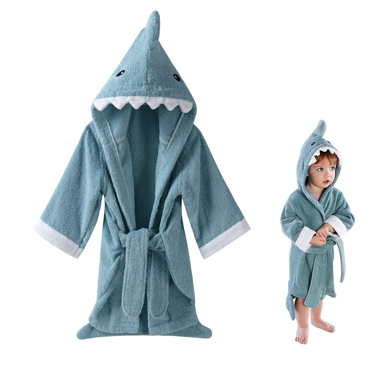 URAQT Cute Animal Baby Bathrobe Soft Hooded Towels Infant Wrap Blue Shark,M