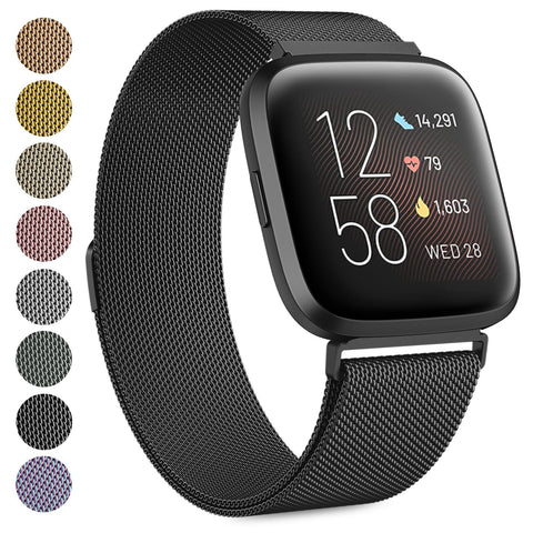 Strap compatible with Fitbit Versa Strap/Fitbit Versa 2 Straps for Women Men, Breathable Stainless Steel Mesh Loop Adjustable Wristband Replacement Metal Strap (Black,Large)