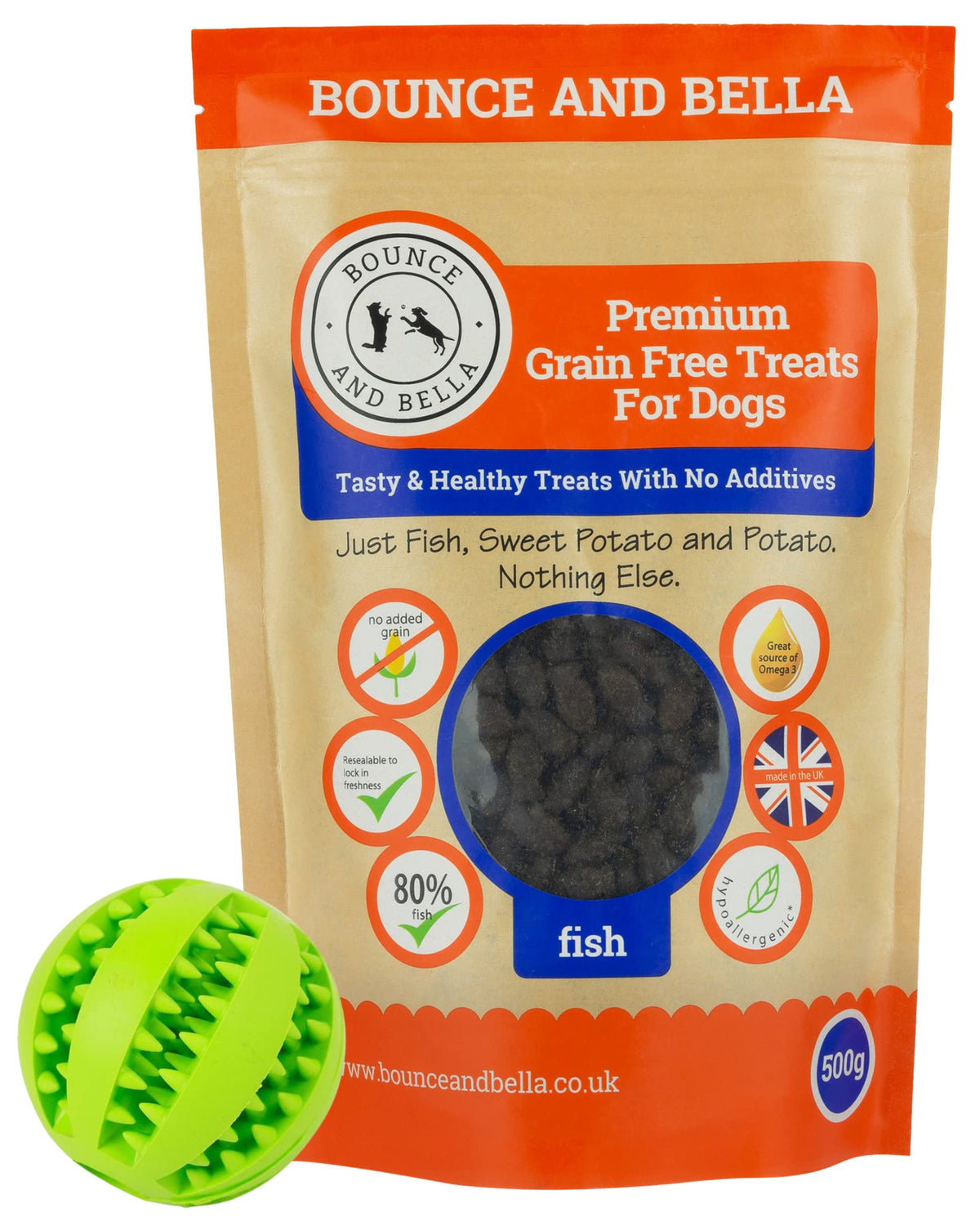 Bounce and Bella Treat Ball & Grain Free Fish Dog Training Treats - 1000 Tasty Treat Pack - Treat Dispenser Colour either Green or Red - Chosen at Random
