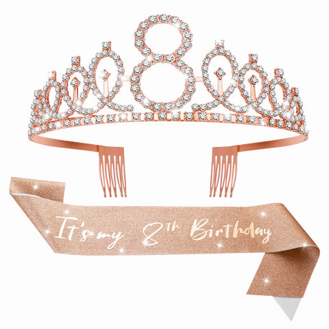 Abeillo 'It's my 8th Birthday' Sash and Tiara for Girls, Rose Gold Birthday Crown 8 & Fabulous Satin Sash 8th Birthday Gifts for Happy 8th Birthday Party Favor Supplies