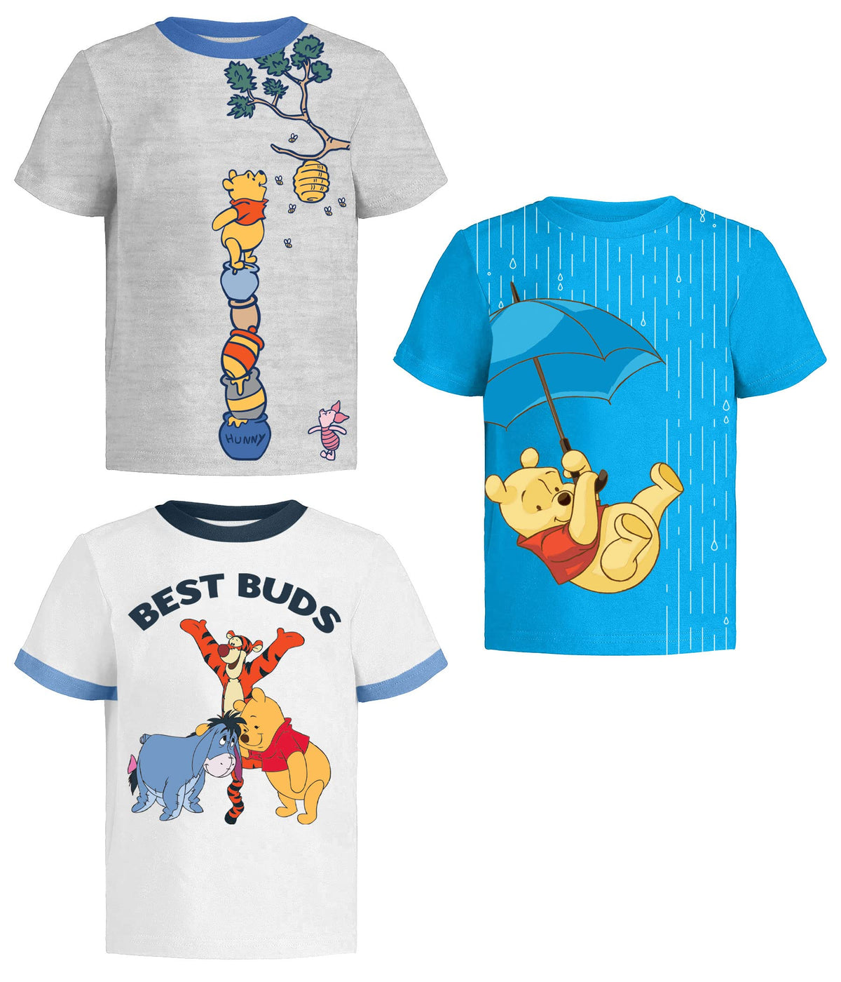 Winnie The Pooh, Tigger & Eeyore Graphic T-Shirts (3 Pack) Baby/Toddler to Kid 2T Gy/B/Wh SS