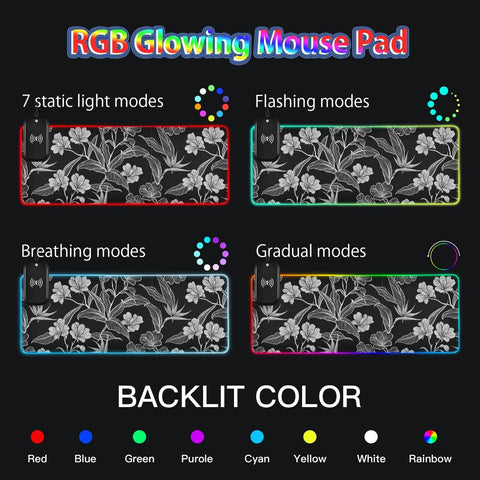 Colorless Flowers Leaves Wireless Charging Mouse Pad for Mobile Phone Extra Large Gaming Mousepad with 13 Lighting Modes Extended Desk Mat for Gaming MacBook PC Laptop Desk Office Home