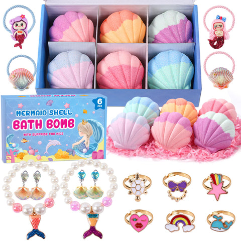 6 Pcs Mermaid Bath Bombs for Girls, Bath Bomb with Mermaid Jewelry Suprise Inside for Kids