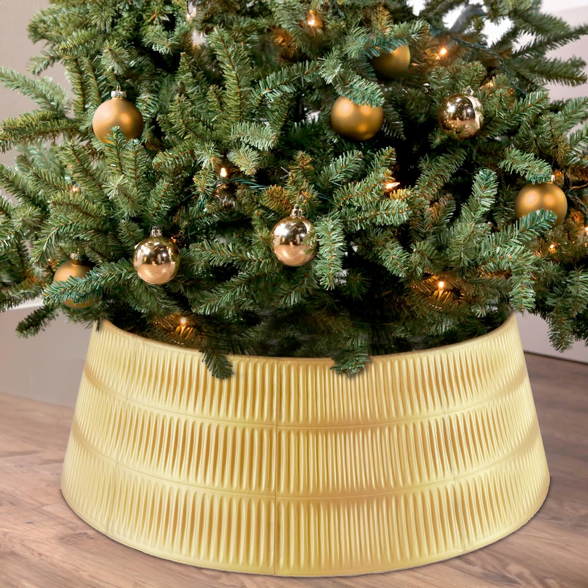 ALKB Pearl Gold Plastic Christmas Tree Collar - 28.4 in Rome Design Skirt Christmas Tree Base Cover - Holiday Tree Skirt Accessory for Home - Fits Trees Up to 8 Feet Tall