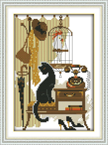 Abillyn Embroidery Cross Stitch Kits Black Cat and Parrot Stamped with Printed Pattern Starter Kit (Black Cat)
