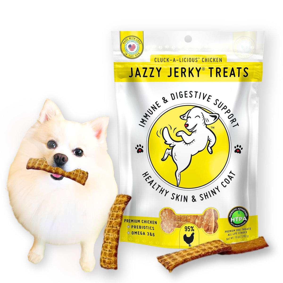 HappyTails Canine Wellness Jazzy Jerky Treats, Cluck-A-Licious Chicken with Prebiotics for Gut & Immune Health, Omega 3s & 6s for Skin & Coat Health, Made in The USA, 10 oz