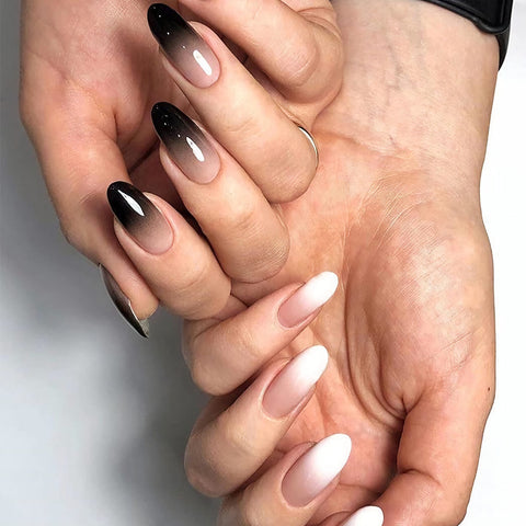 MERVF Medium Press on Nails Oval Black and White Ombre Fake Nails French Tip Round Acrylic Nails Glossy 24psc False Nails for Women and Girls