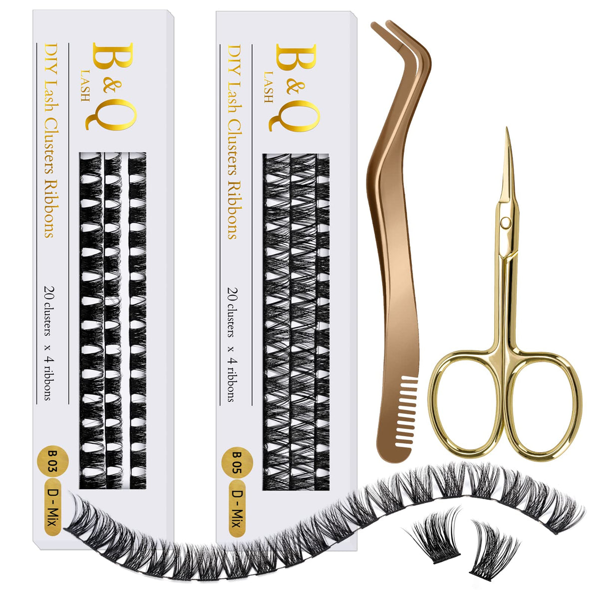 Lash Clusters Lash Ribbon 160 Clusters Lashes D Curl 10-16MIX DIY Lash Extensions Mega Volume B&Q LASH Individual Lashes Cluster Eyelash Ribbon With Lash Applicator Tool & Scissors (B03+B05,10-16MIX)