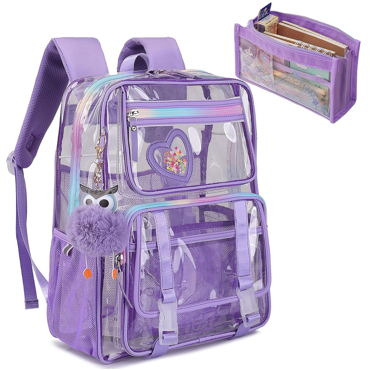 KEBEIXUAN Clear Backpack, Heavy Duty Clear Bookbag with Pencil Bag See Through Bag for Primary School College Work Travel Security (Transparent Backpack Purple)