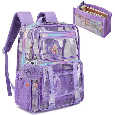 KEBEIXUAN Clear Backpack, Heavy Duty Clear Bookbag with Pencil Bag See Through Bag for Primary School College Work Travel Security (Transparent Backpack Purple)