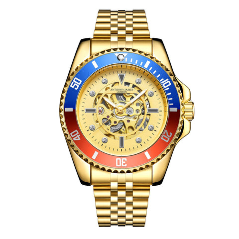 Anthony James Skeleton Sports Automatic Wrist Watches Men - Hand Assembled Water & Scratch Resistant Analogue Watch with Split Second Counter - Analogue Watches Men - 2 Tone Gold