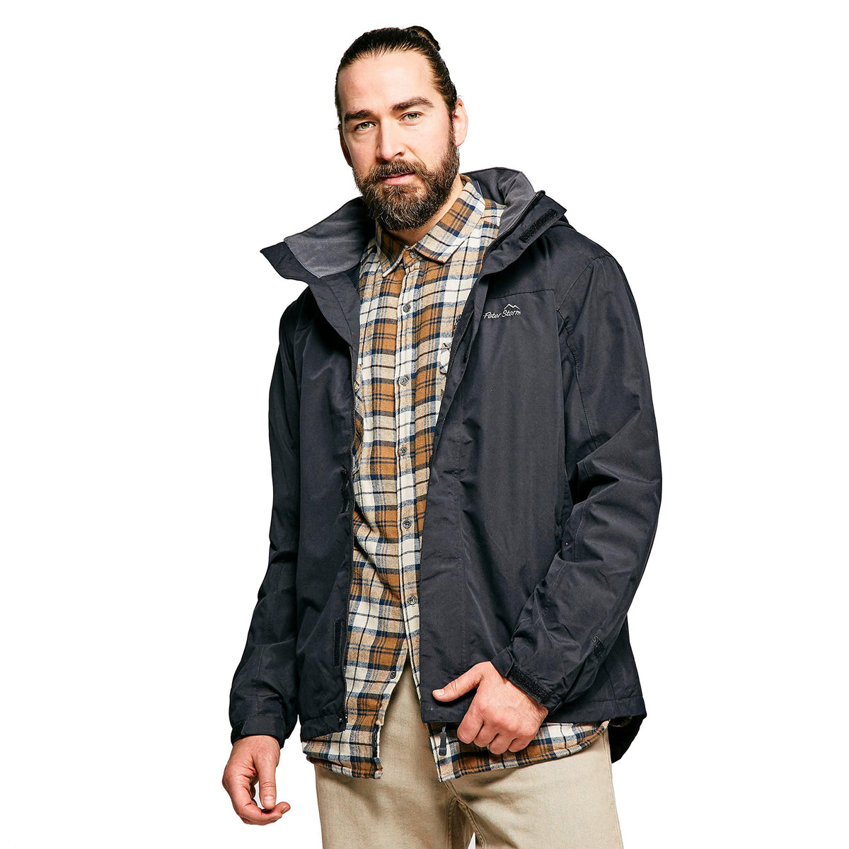 Peter Storm Mens Downpour 2-Layer Waterproof Jacket with Rollaway Hood, Rain Coat, Cagoule, Mac, Outdoors, Travelling, Camping, Trekking, Hiking and Walking Clothing, Black, L