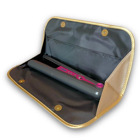 Hair Straightener Flat Iron Leather Pouch by j&m - Stylish Travel Storage Bag - Fits ghd, BaByliss, L’Oréal & Large Appliances - Magnetic Closure (Gold)
