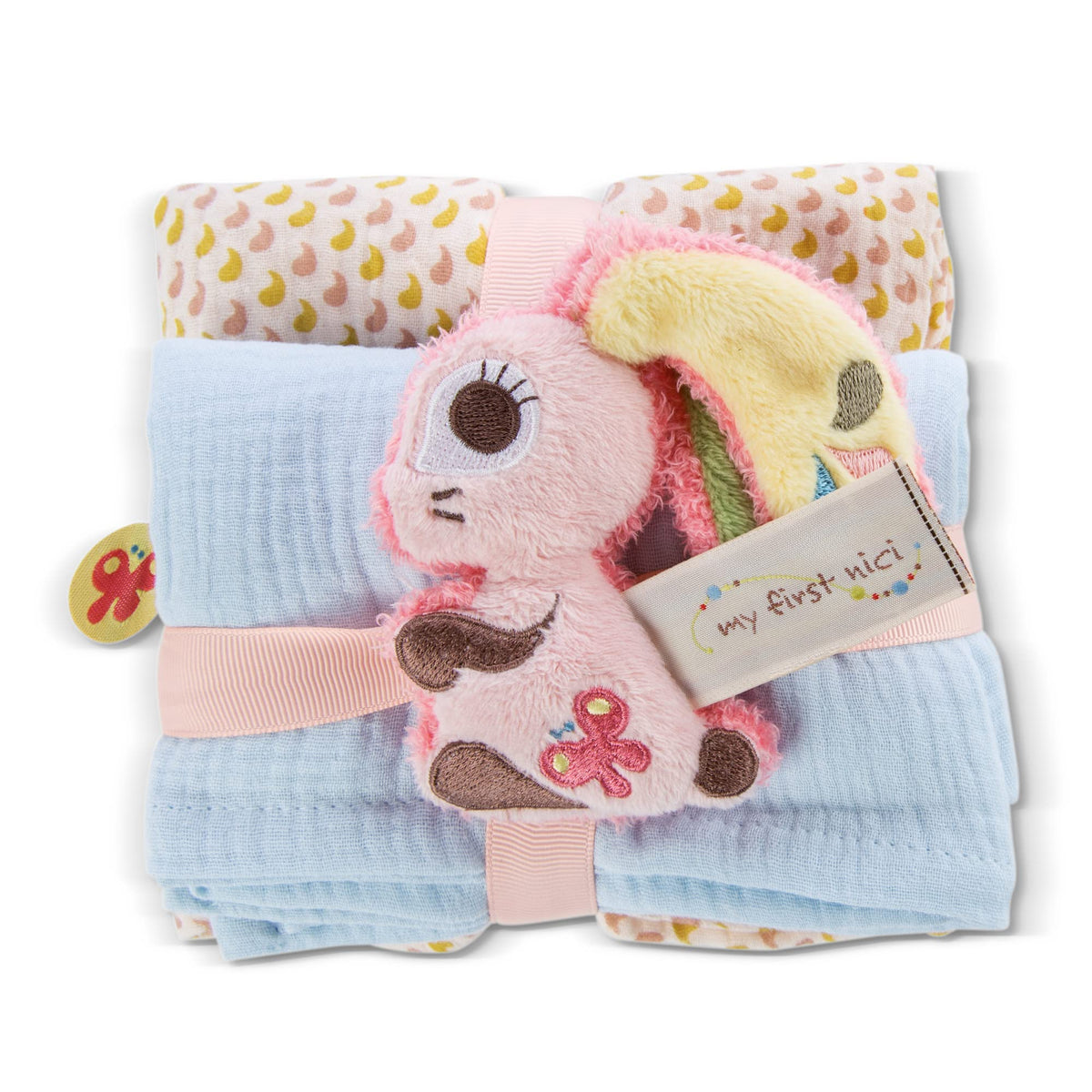 Nici Bunny Hopsali Set - 2x Soft Muslin Cloth 60x60 cm & 1x Fluffy Toy for Babies 10 cm - Comforter & Baby Cuddly Toy from 0+ Months - Comforter/Soft Toy for Girls & Boys