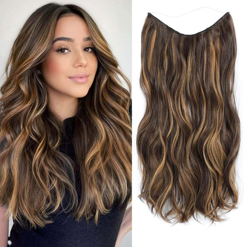 Ms TAj Honey Brown Halo Hair Extensions with Highlights 16 inch with Adjustable Size Removable Clips Invisible Secret Synthetic Curly Hairpiece for Women…