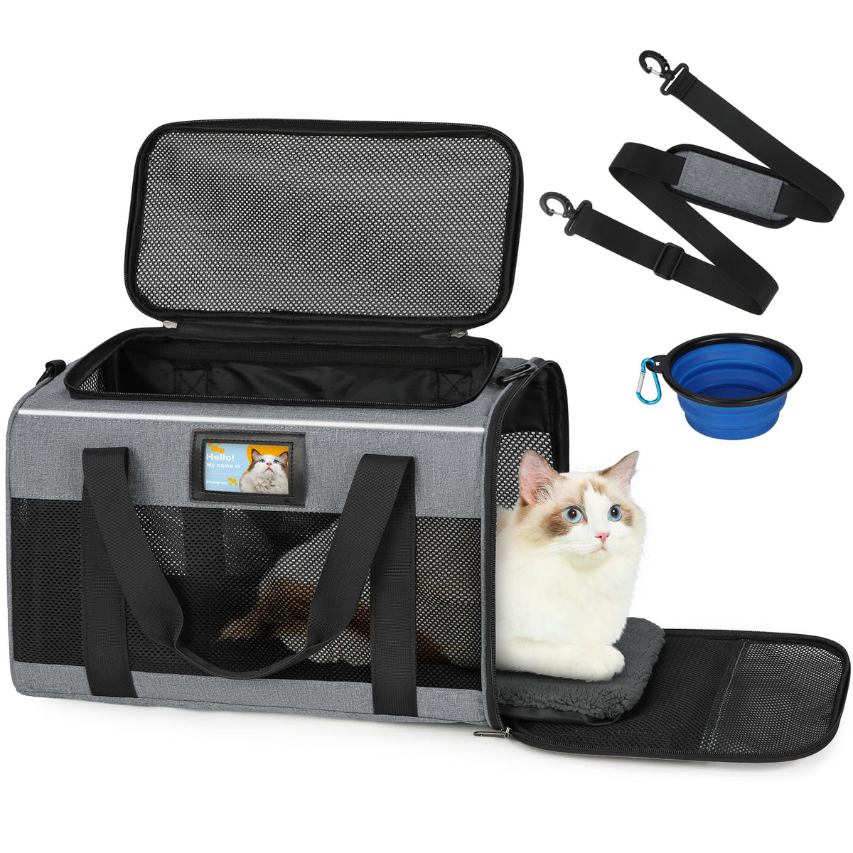 Cat Carrier, Cat Carrier Soft with Foldable Bowl, Pet Carrier Cat Carrier Hard Fits 15 lbs Medium Big Cats and Puppy, Dog Carriers for Small Dogs, Airline Approved Cat Travel Bag Grey