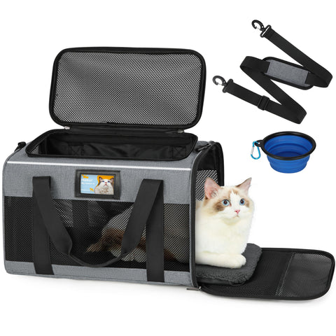 Cat Carrier, Cat Carrier Soft with Foldable Bowl, Pet Carrier Cat Carrier Hard Fits 15 lbs Medium Big Cats and Puppy, Dog Carriers for Small Dogs, Airline Approved Cat Travel Bag Grey