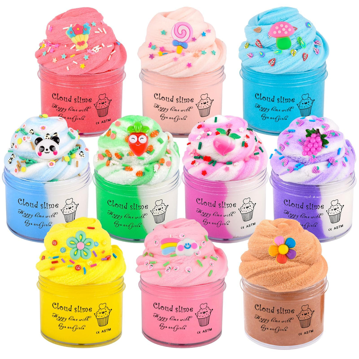 10 Pack Cloud Slime Kit with Blue Cake Fruits Animals, and Pink Peach Charms, Scented DIY Slime Supplies for Girls and Boys, Stress Relief Toy for Kids, Education Birthday Party Favor Gift