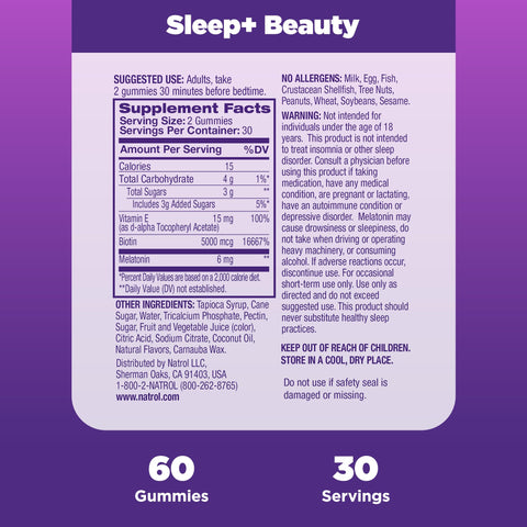 Natrol Sleep+ Beauty, Drug Free Sleep Aid Supplement, for Skin, Hair, Nails, Biotin, Vitamin E, 60 Raspberry Flavored Gummies