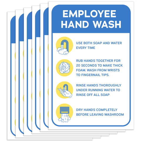 6pcs Employee Hand Wash Sign Stickers | Handwashing Guide Safety Signs for Workplace, Restaurant and Business Restrooms