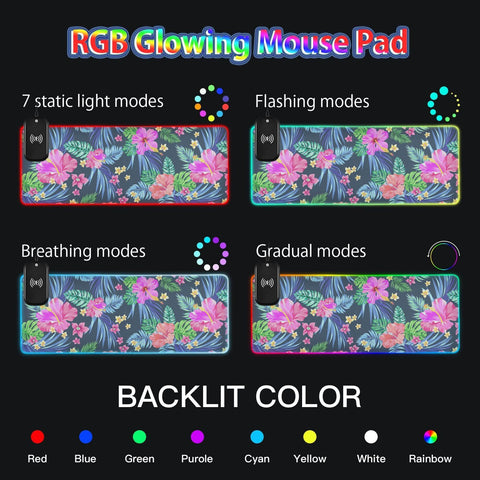 Hibiscus Palms Daisies Flowers Wireless Charging Mouse Pad for Mobile Phone Extra Large Gaming Mousepad with 13 Lighting Modes Keyboard Mat for MacBook PC Laptop Desk Office Home Gaming